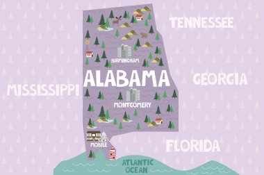 Ve Alabama Eyaleti Amerika Birleşik Devletleri'nde şehirler ve yerler haritası gösterilmiştir. Düzenlenebilir vektör çizim
