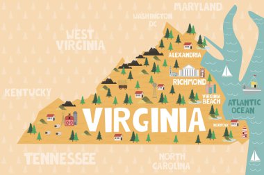 Virginia eyaletinin resimli haritası, Amerika Birleşik Devletleri şehirleri ve simgeleri ile birlikte. Düzenlenebilir vektör illüstrasyonu