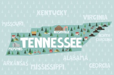 Tennessee eyaletinde Amerika Birleşik Devletleri'nde şehirler ve yerler haritası gösterilmiştir. Düzenlenebilir vektör çizim