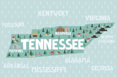 Illustrated map of the state of Tennessee in United States with cities and landmarks. Editable vector illustration clipart