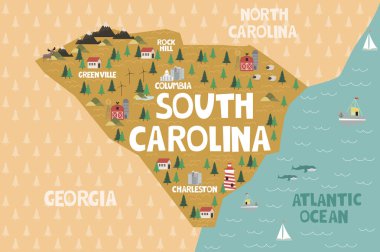 Harita, devlet Güney Carolina Amerika Birleşik Devletleri'nde şehirler ve yerler ile gösterilmiştir. Düzenlenebilir vektör çizim
