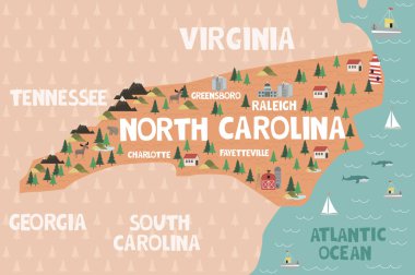 Illustrated map of the state of North Carolina in United States with cities and landmarks. Editable vector illustration clipart