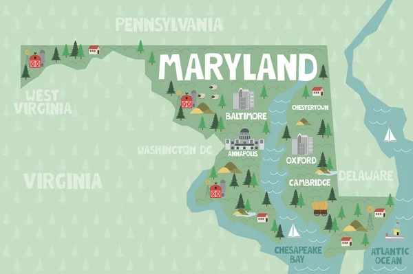 Illustrated Map State Maryland United States Cities Landmarks Ilustración Vectorial — Vector de stock