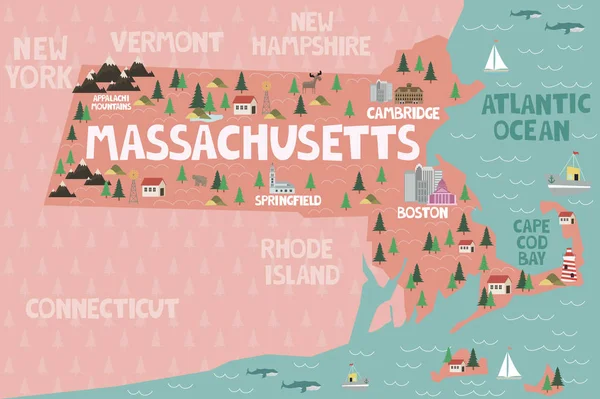 Ilustrowana Mapa Stanu Massachusetts Stanach Zjednoczonych Miast Zabytków Ilustracja Wektorowa — Wektor stockowy