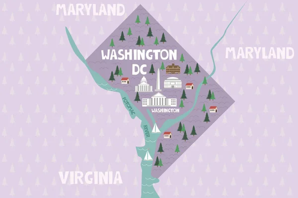 美国华盛顿特区的图解地图与城市和地标 可编辑矢量插图 — 图库矢量图片