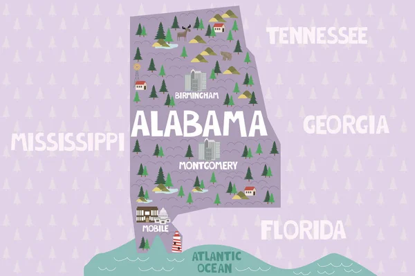Illustrated Map State Alabama United States Cities Landmarks Ilustración Vectorial — Archivo Imágenes Vectoriales