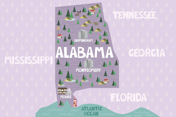 Illustrated map of the state of Alabama in United States with cities and landmarks. Editable vector illustration
