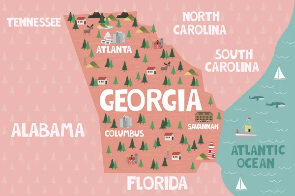 Illustrated Map State Georgia United States Cities Landmarks Ilustración Vectorial — Archivo Imágenes Vectoriales