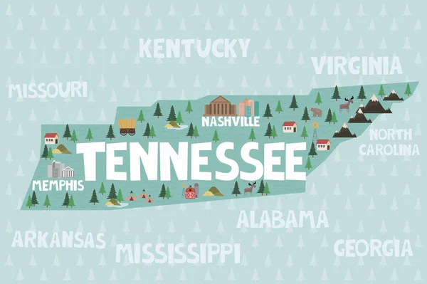 Illustrated Map State Tennessee United States Cities Landmarks Ilustración Vectorial — Vector de stock
