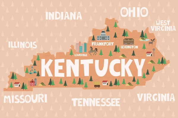 Illustrierte Karte Des Bundesstaates Kentucky Den Vereinigten Staaten Mit Städten — Stockvektor