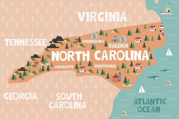 Illustrated Map State North Carolina United States Cities Landmarks Ilustración — Archivo Imágenes Vectoriales