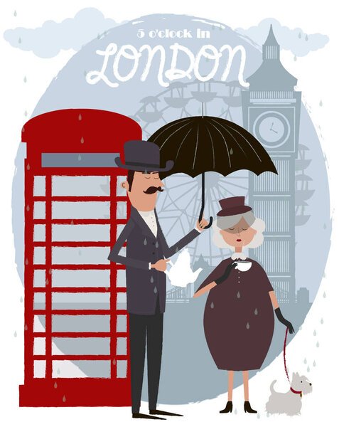 Cute illustration of London landmarks and characters. 5 o'clock in London, Tea time card. Editable vector illustration