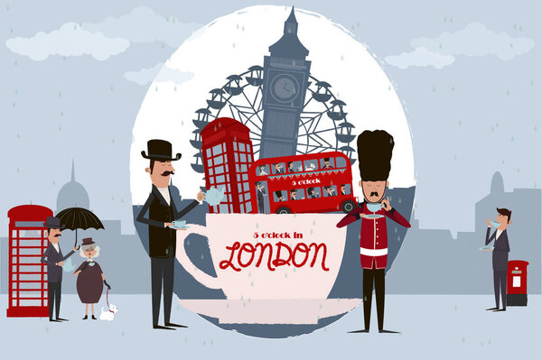 Horizontal poster with cute illustration of London landmarks and characters. 5 o'clock in London, Tea time card. Editable vector illustration
