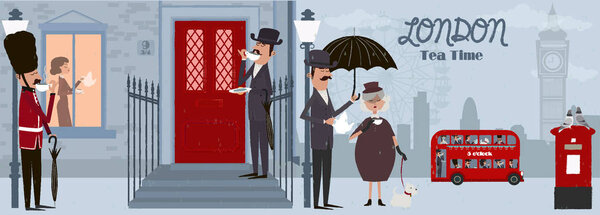 Horizontal poster with cute illustration of London landmarks and characters. 5 o'clock in London, Tea time card. Editable vector illustration