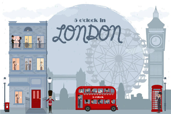 Horizontal poster with cute illustration of London landmarks and characters. 5 o'clock in London, Tea time card. Editable vector illustration