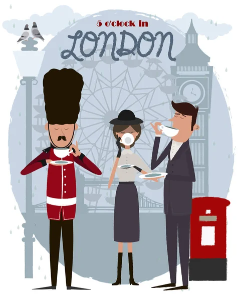 Niedliche Illustration Von Londons Wahrzeichen Und Charakteren Uhr London Teezeitkarte — Stockvektor