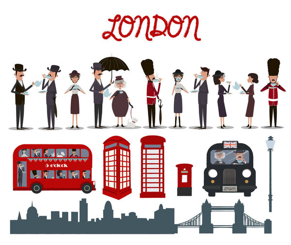 Set of cute elements of London and characters. Editable vector illustration