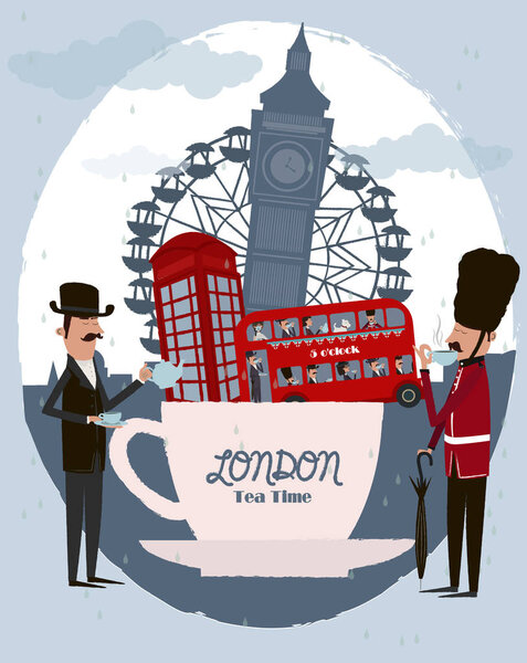 Cute illustration of London landmarks in tea cup. Tea time card. Editable vector illustration