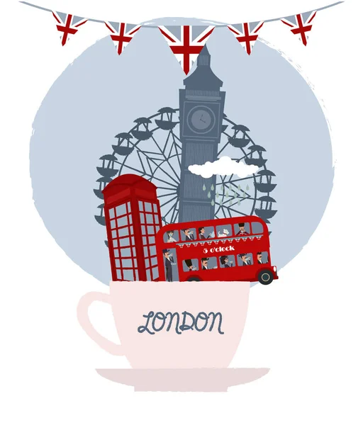 ティーカップにロンドンのランドマークのキュートなイラスト お茶タイム カード 編集可能なベクトル図 — ストックベクタ