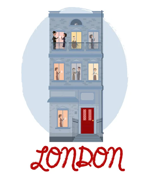 House Londra Karakter Sevimli Illustration Saat Londra Çay Zaman Çizelgesi — Stok Vektör