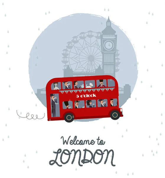ロンドンの赤いバスのキュートなイラスト ロンドンへようこそ 編集可能なベクトル図 — ストックベクタ