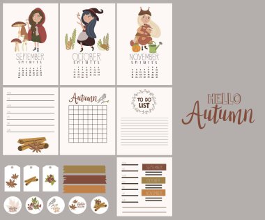 Sonbahar planlayıcısı kitap, etiket ve takvim kümesi. Düzenlenebilir vektör çizim