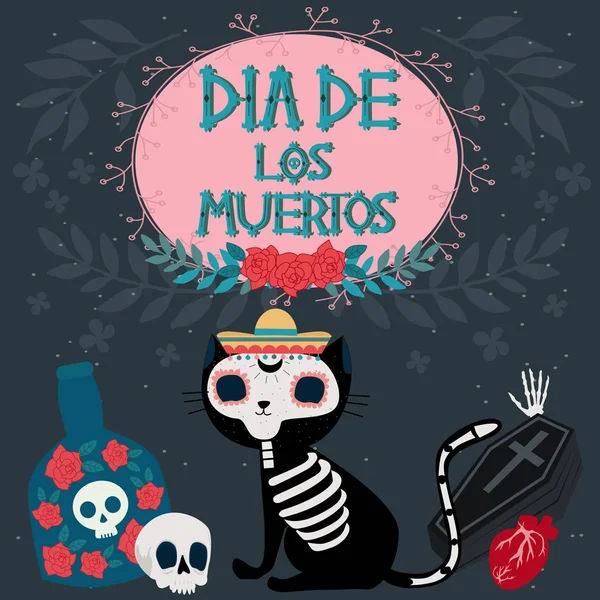 死んだポスター スケルトン猫と頭蓋骨 メキシコの伝統的な祝日の日 メキシコの言い回し翻訳 死者の日 編集可能なベクトル図 — ストックベクタ
