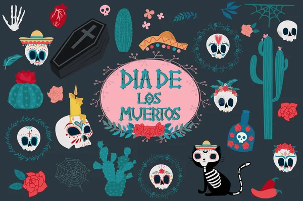 Ensemble Éléments Pour Fête Des Morts Fête Traditionnelle Mexicaine Traduction — Image vectorielle