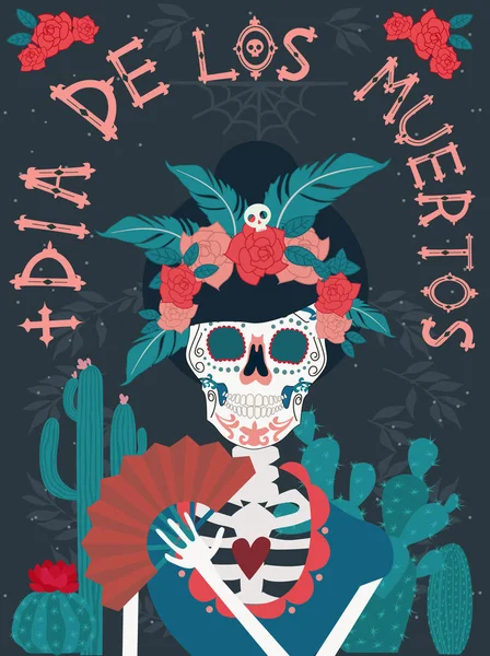 Día Del Póster Muerto Con Esqueleto Fiesta Tradicional Mexicana Traducción — Vector de stock