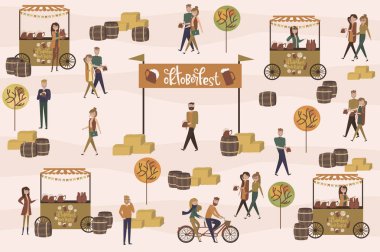 Oktoberfest poster Parkı ve bir bira içmek için insanlar ile. Düzenlenebilir vektör çizim.