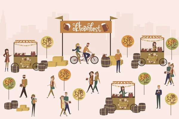 オクトーバーフェスト ポスターを駐車し ビールを飲みに歩く人々 編集可能なベクトル図 — ストックベクタ