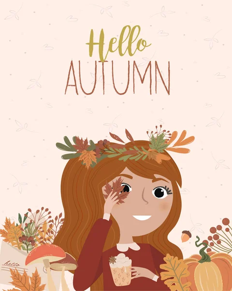 Bonjour Carte Automne Avec Fille Feuilles Citrouille Illustration Vectorielle Modifiable — Image vectorielle