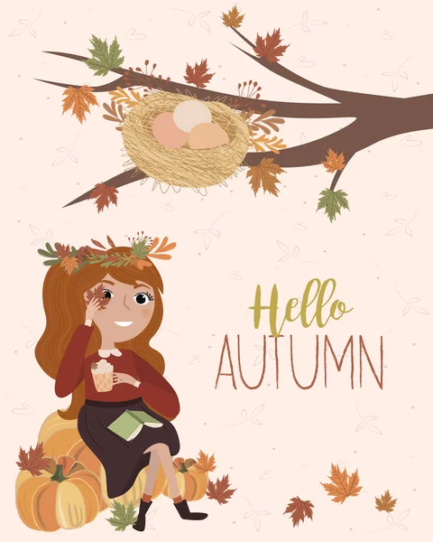 Bonjour Carte Automne Avec Fille Feuilles Citrouille Illustration Vectorielle Modifiable — Image vectorielle