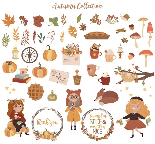 Set Cute Autumn Elements Hello Autumn Fall Season Icons Collection — Stock Vector