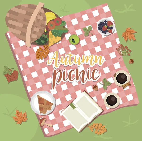 Herbstpicknick Einladung Zum Erntedankfest Oder Grußkarte Herbstlandschaft Blätter Und Nahrung — Stockvektor