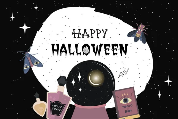 Happy Halloween Party Affisch Med Mystiska Element Inbjudan Eller Gratulationskort — Stock vektor