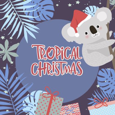 Tropikal Noel poster ile eğlenceli koala ayısı. Neşeli Noel tebrik veya davetiye kartı. Düzenlenebilir vektör çizim