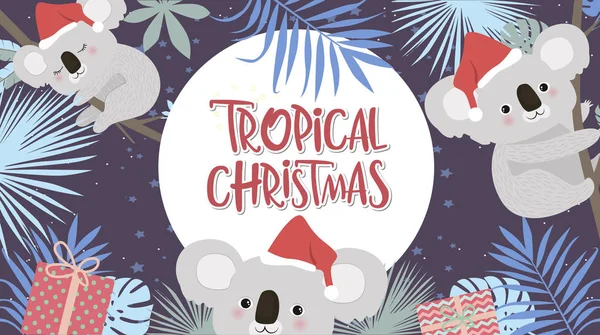 Affiche tropicale de Noël avec un ours koala amusant. Joyeux vœux de Noël ou carte d'invitation. Illustration vectorielle modifiable — Image vectorielle