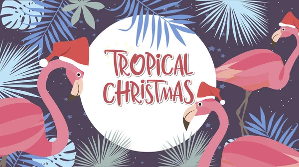 热带圣诞海报与火烈鸟 圣诞祝福或邀请卡 可编辑矢量插图 — 图库矢量图片