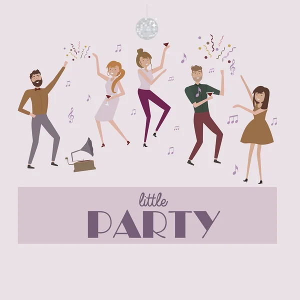 People Celebrating Poster Laughing Dancing Young People Party Funny Cartoon — Stock Vector