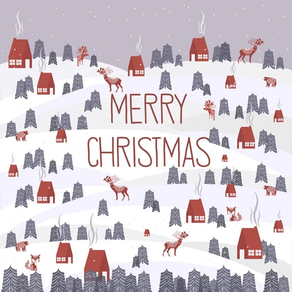 可爱的圣诞贺卡与冬季景观和元素在斯堪的纳维亚风格 可编辑矢量插图 — 图库矢量图片