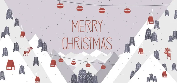 可爱的圣诞 Horisontal 贺卡与冬季景观和元素在斯堪的纳维亚风格 可编辑矢量插图 — 图库矢量图片