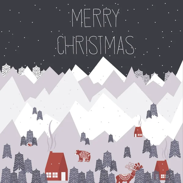可爱的圣诞贺卡与冬季景观和元素在斯堪的纳维亚风格 可编辑矢量插图 — 图库矢量图片