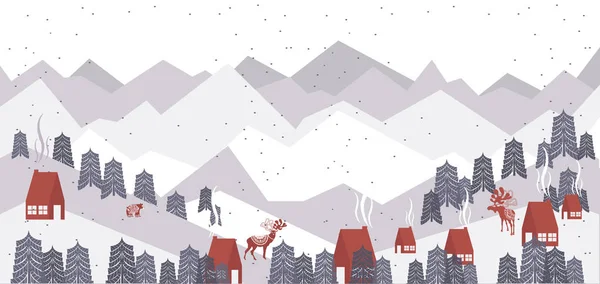 Schattig Merry Christmas Horisontal Achtergrond Met Winterlandschap Elementen Scandinavische Stijl — Stockvector