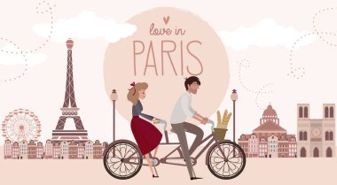 Aşk hikayesi bir bisiklet sürme bir aşık çiftle Paris'te. Romantik poster, kart aşk veya davet düğün. Düzenlenebilir vektör çizim