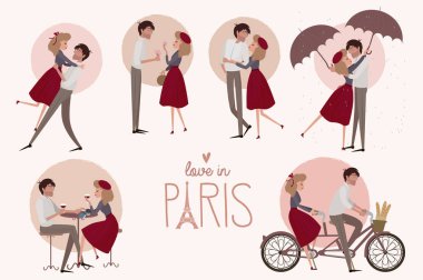 Karakter kümesi. Paris'te aşk hikayesi ile sevgilisi birkaç farklı teşkil etmektedir. Düzenlenebilir vektör çizim