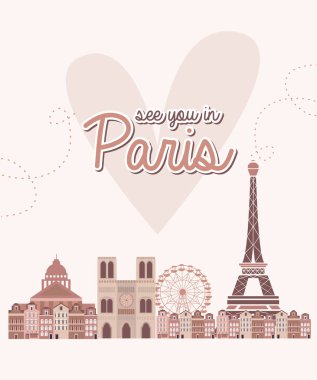 Şirin poster Paris simge yapılar ile. Düzenlenebilir vektör çizim