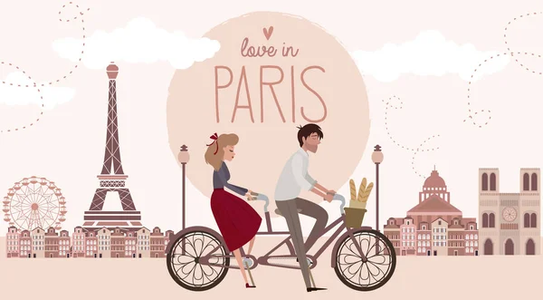 História Amor Paris Com Casal Amantes Andando Bicicleta Cartaz Romântico — Vetor de Stock