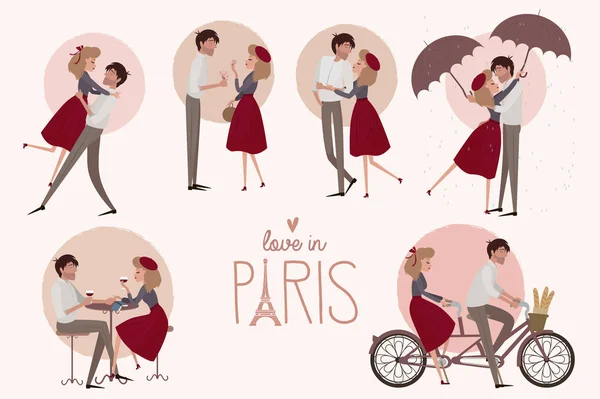 Conjunto Personagens História Amor Paris Com Casal Amantes Poses Diferentes — Vetor de Stock