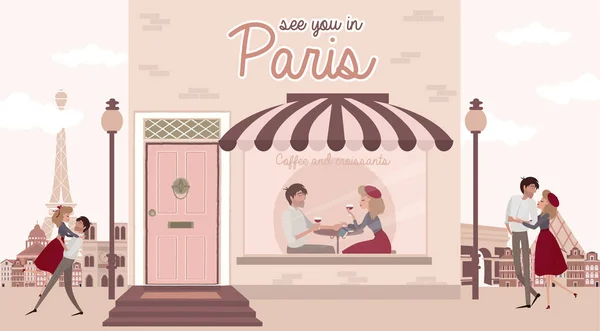 Kisah Cinta Paris Dengan Pasangan Kekasih Poster Romantis Kartu Cinta - Stok Vektor